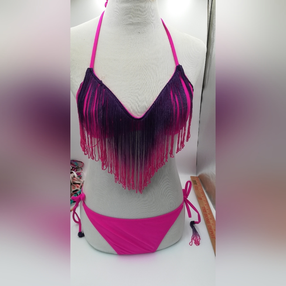 Pink and Purple Fringe Bikini Top